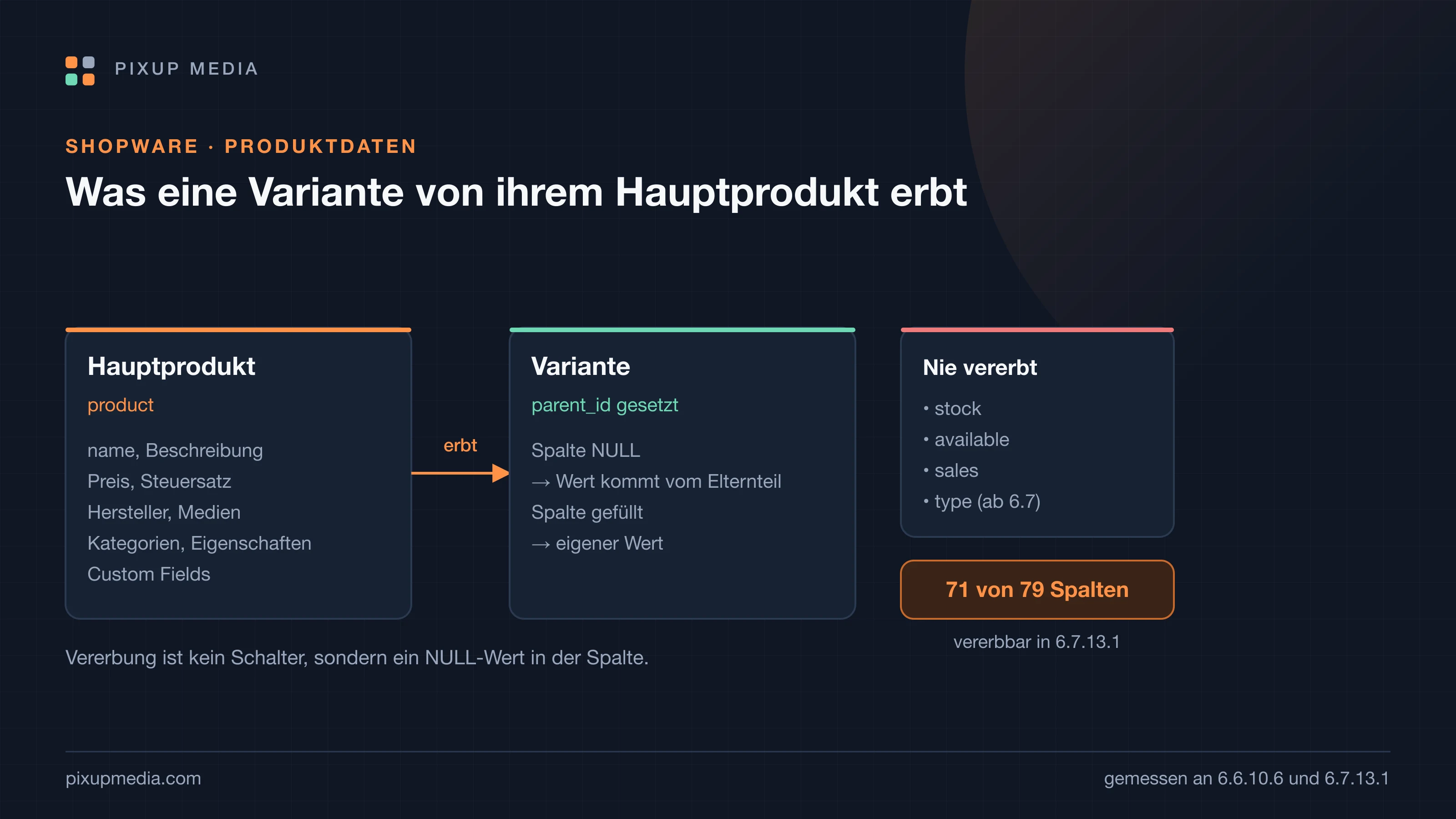 Diagramm: Hauptprodukt und Variante nebeneinander, dazwischen ein Vererbungspfeil, rechts die vier nie vererbten Spalten stock, available, sales und type.