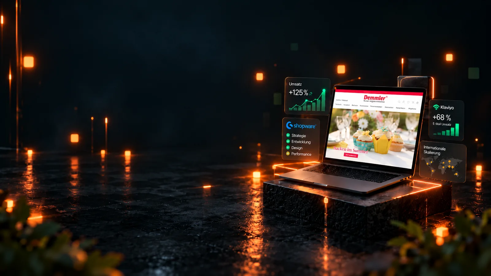 Beispielhafte Darstellung: ein Shopware-Shop auf einem Laptop, daneben schwebende Karten zu Umsatzentwicklung, Leistungen, Klaviyo und internationaler Skalierung.