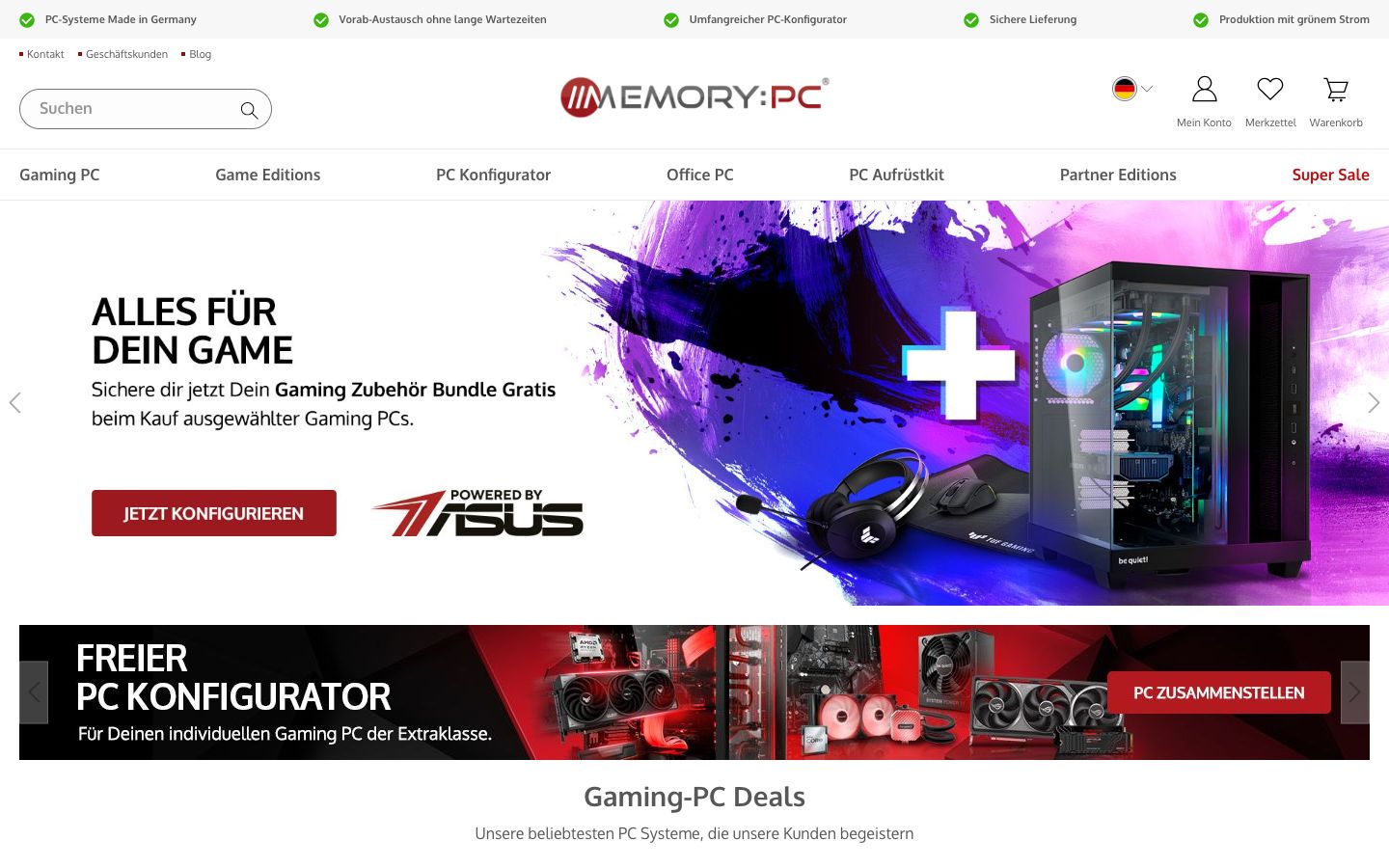 Startseite des Online-Shops von MemoryPC