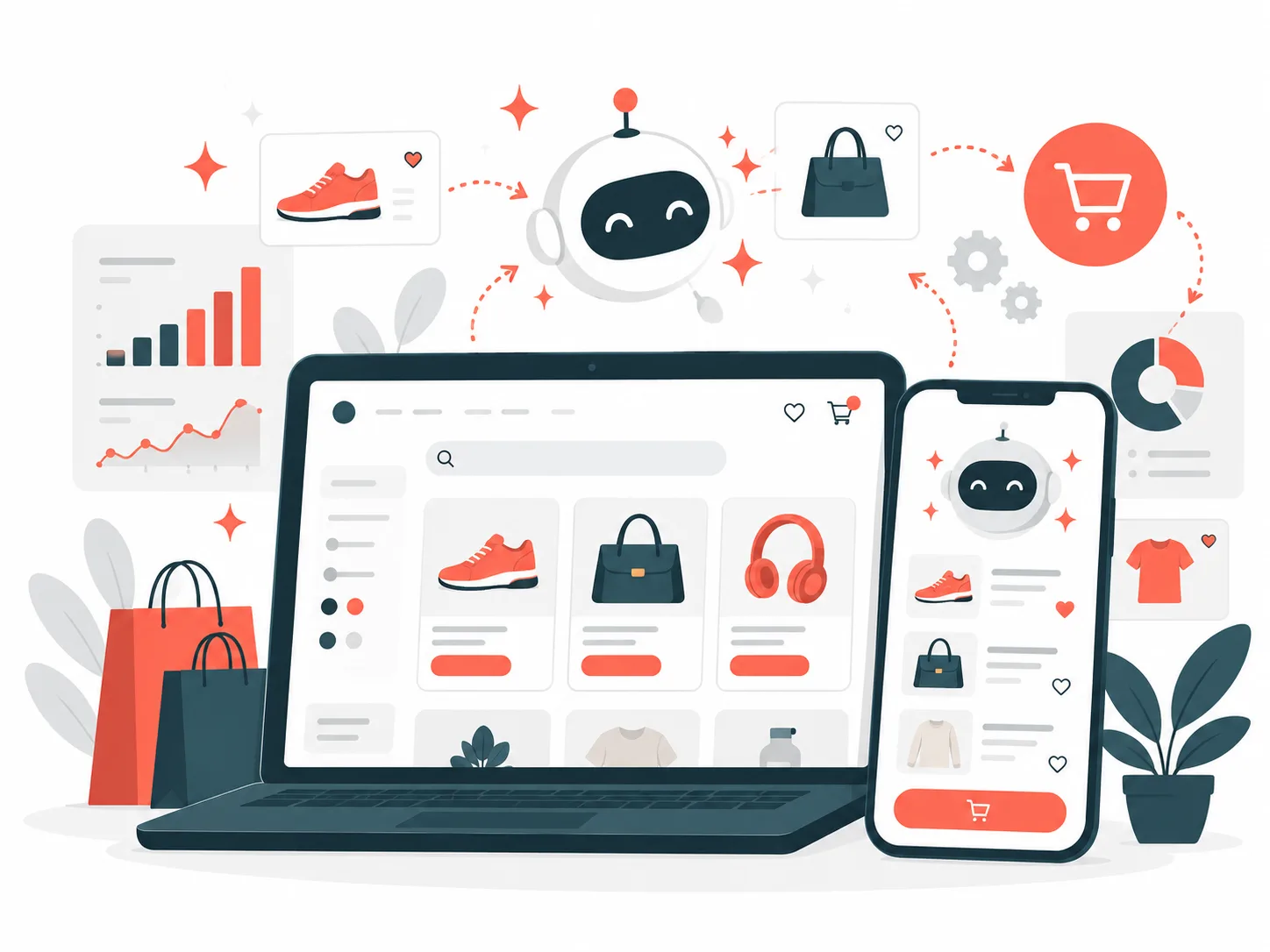 Illustration eines Onlineshops auf Laptop und Smartphone, begleitet von einem KI-Assistenten, der Produkte zum Warenkorb führt