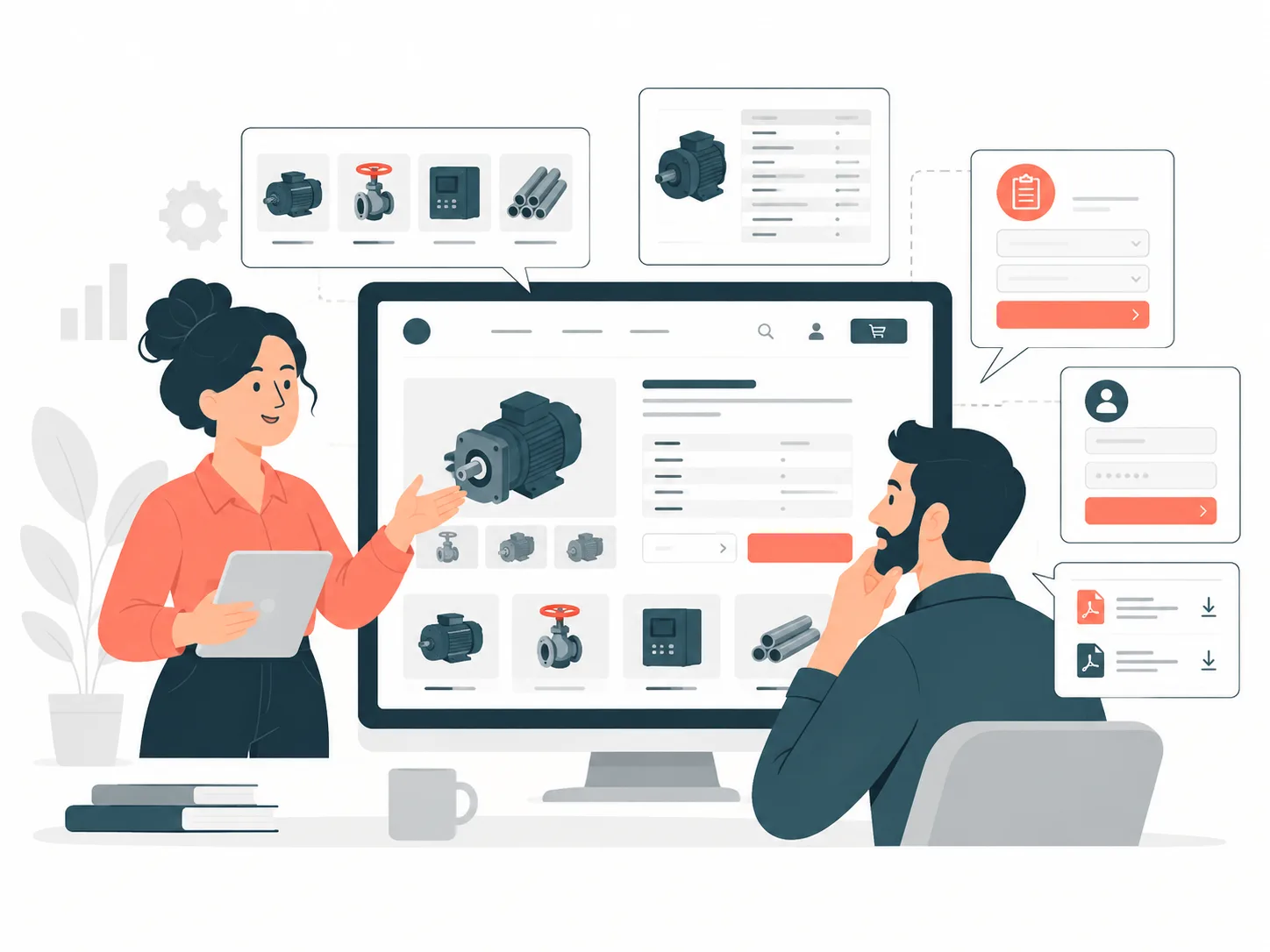 Illustration zweier Personen vor einem Monitor mit einer Website für Industriebauteile, Datenblättern und Anfrageformular