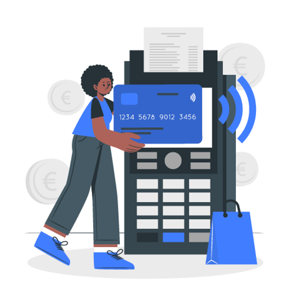 Frau, die kontaktlos per Karte am Terminal bezahlt – Symbol für Instant Payments im Onlinehandel.