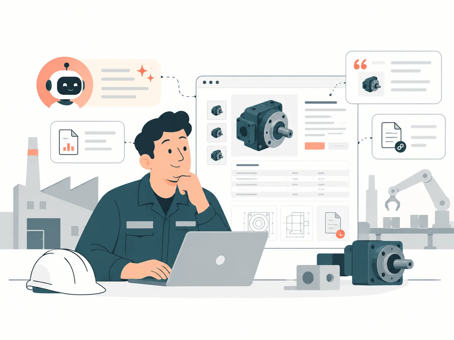 Illustration eines Technikers am Laptop zwischen Industriebauteilen, Datenblättern und einem KI-Assistenten mit Zitat