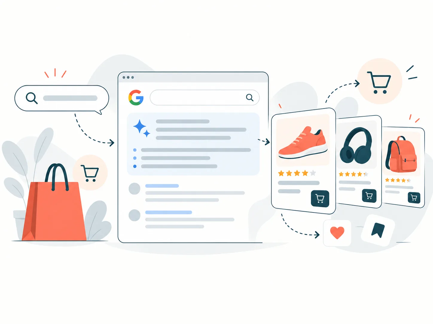 Illustration einer Suchanfrage, deren KI-Antwort über den Ergebnissen zu Produktkarten und in den Warenkorb führt