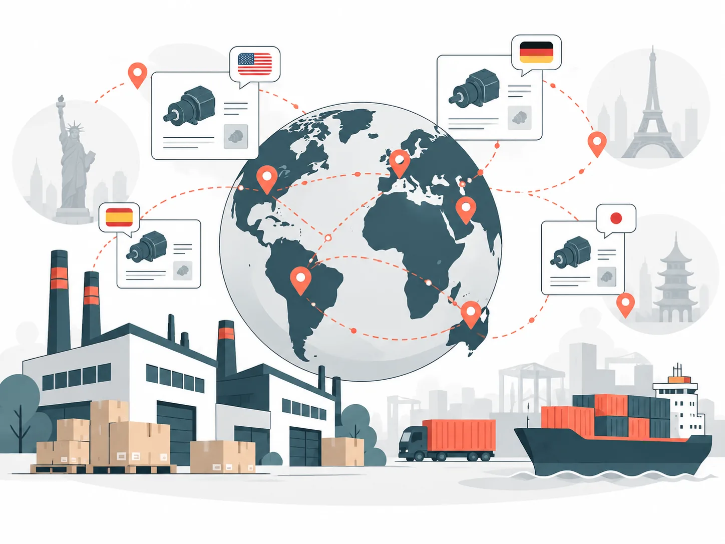 Illustration einer Weltkugel mit Lieferrouten zwischen Fabrik, Containerschiff und Märkten mit Länderflaggen