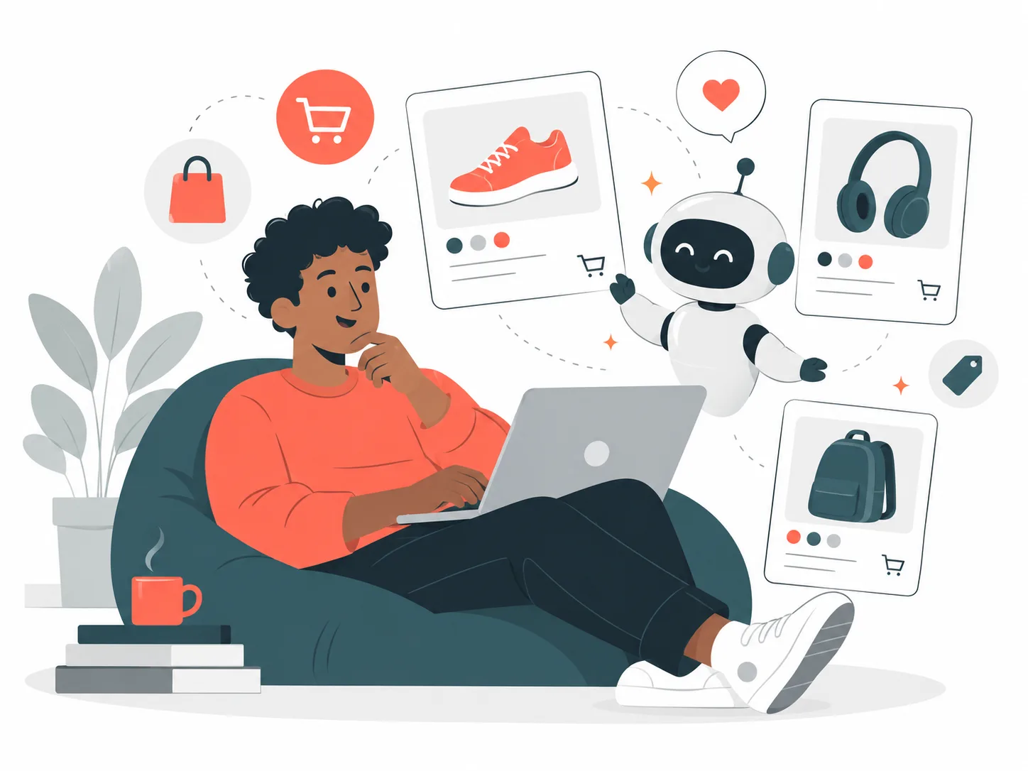 Illustration einer Person auf einem Sitzsack mit Laptop, der ein KI-Assistent passende Produktvorschläge zeigt