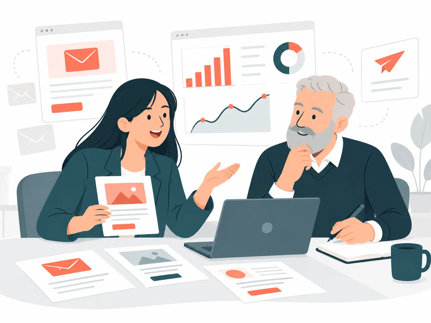 Illustration zweier Personen im Beratungsgespräch am Tisch, umgeben von E-Mail-Entwürfen und Auswertungen
