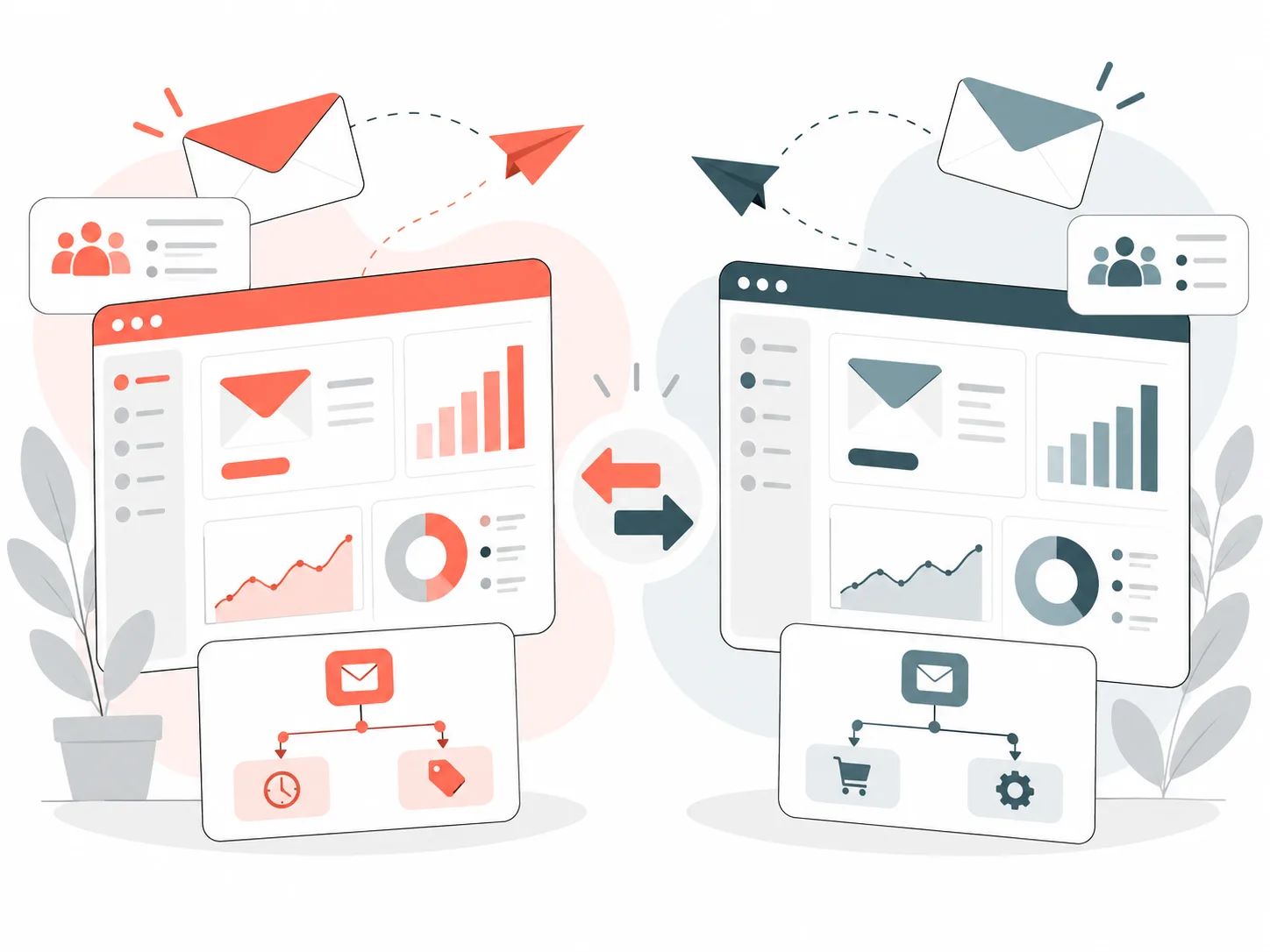 Illustration zweier E-Mail-Marketing-Dashboards mit Kennzahlen und Abläufen, die durch Pfeile gegenübergestellt sind