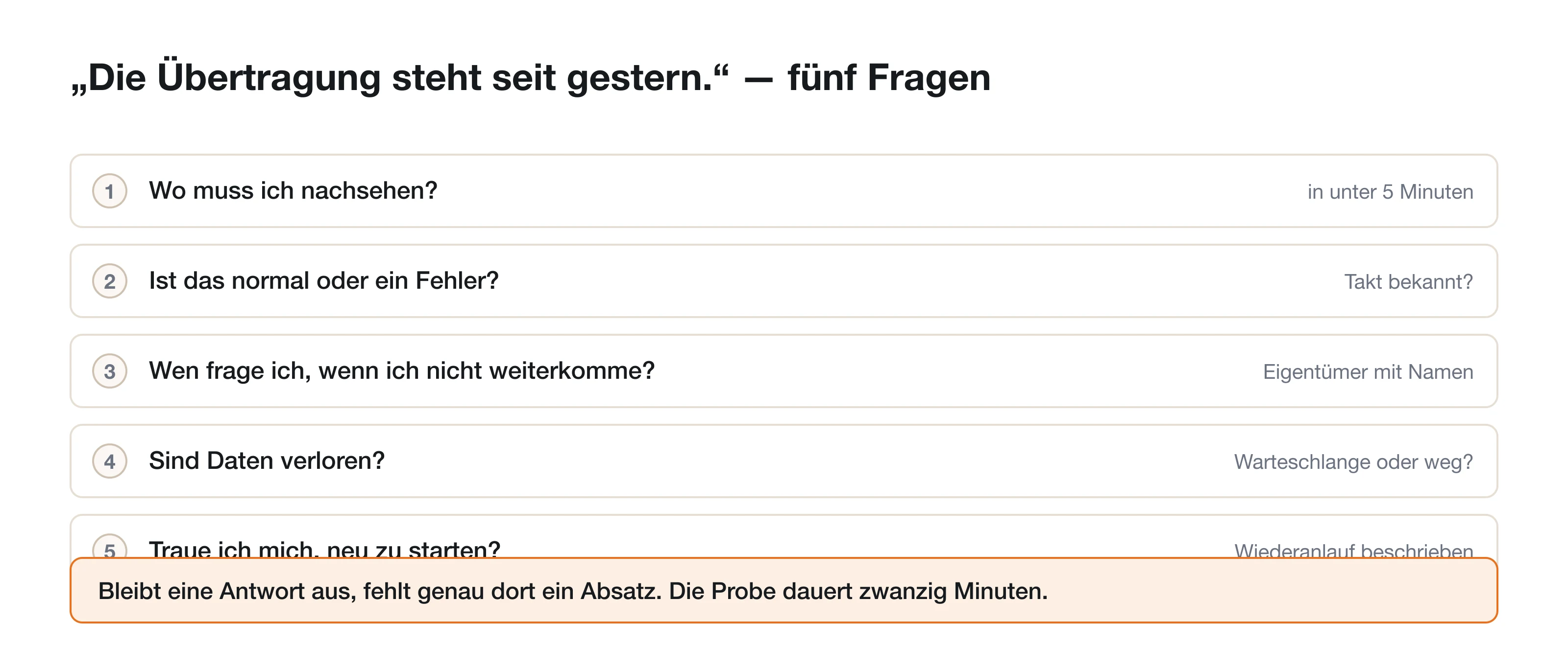 Ein Übertragungsprotokoll mit den Angaben, die eine Dokumentation beantworten muss.