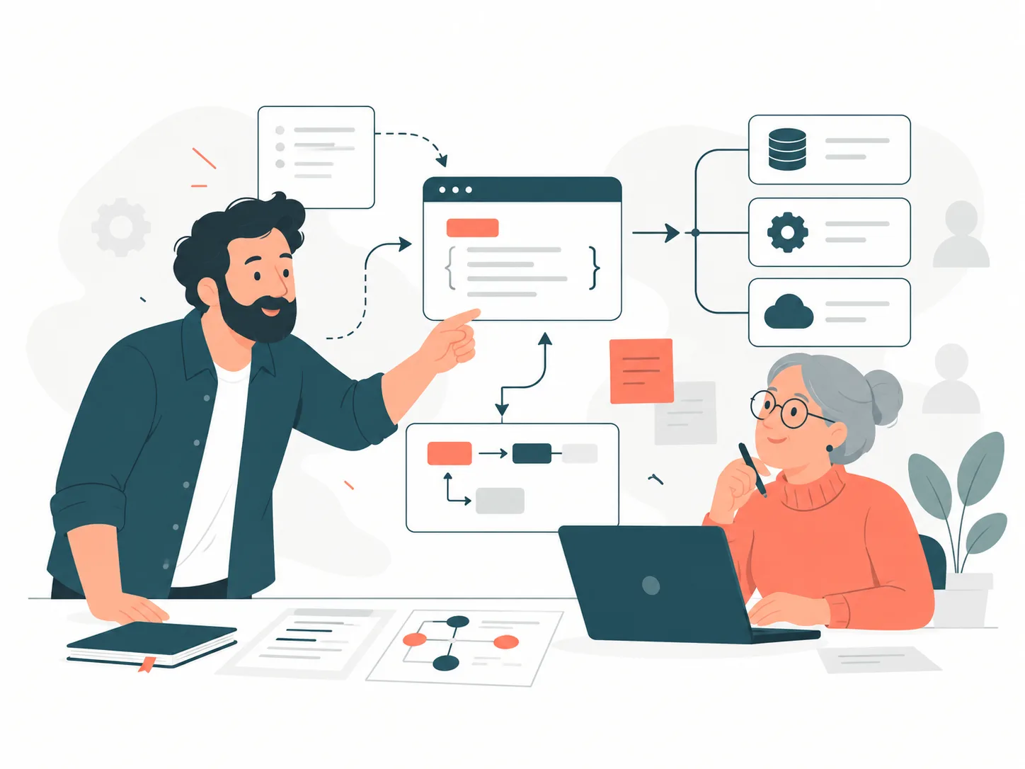 Illustration zweier Personen am Schreibtisch, die einen Schnittstellenablauf mit Datenbank und Cloud skizzieren