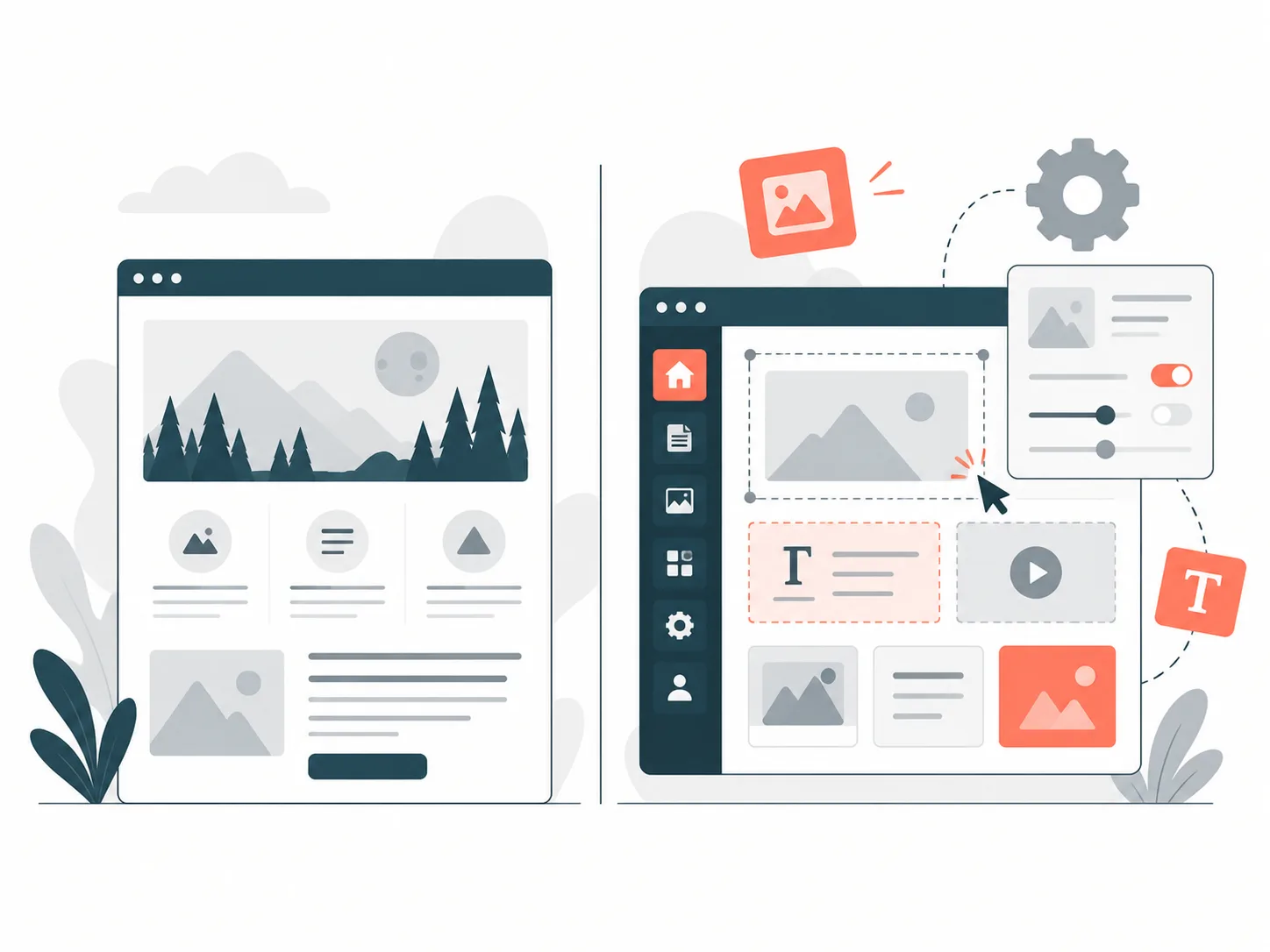 Illustration: links eine fertige statische Webseite, rechts ein CMS-Editor mit verschiebbaren Inhaltsblöcken
