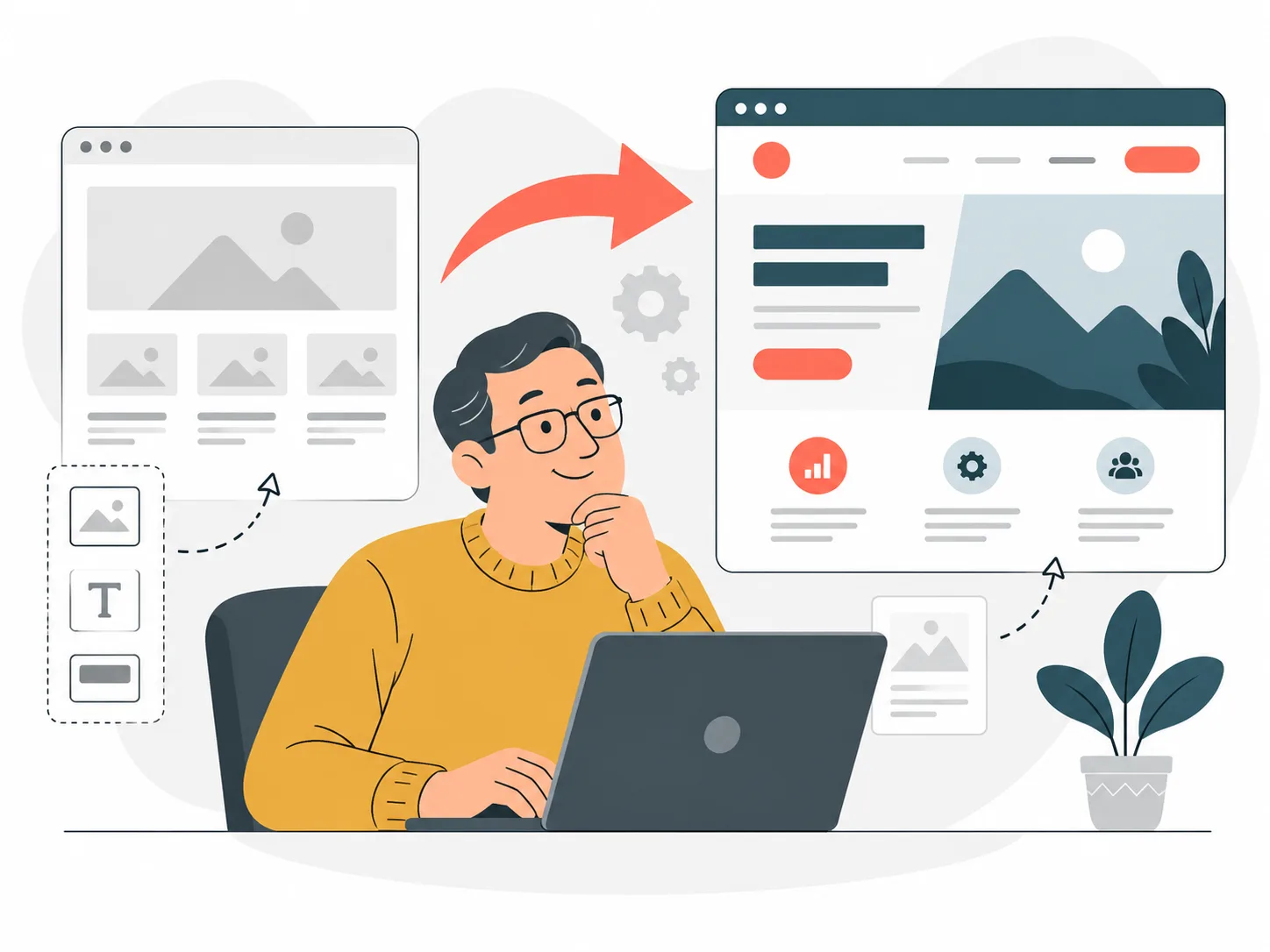 Illustration eines Mannes am Laptop, der eine Baukasten-Vorlage in eine individuell gestaltete Website überführt