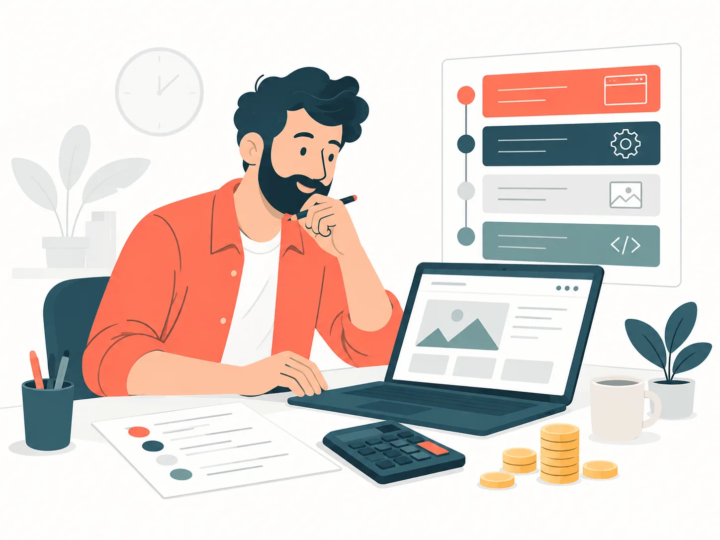 Illustration eines Mannes am Laptop, der mit Taschenrechner, Münzen und Notizen die Bausteine einer Website plant