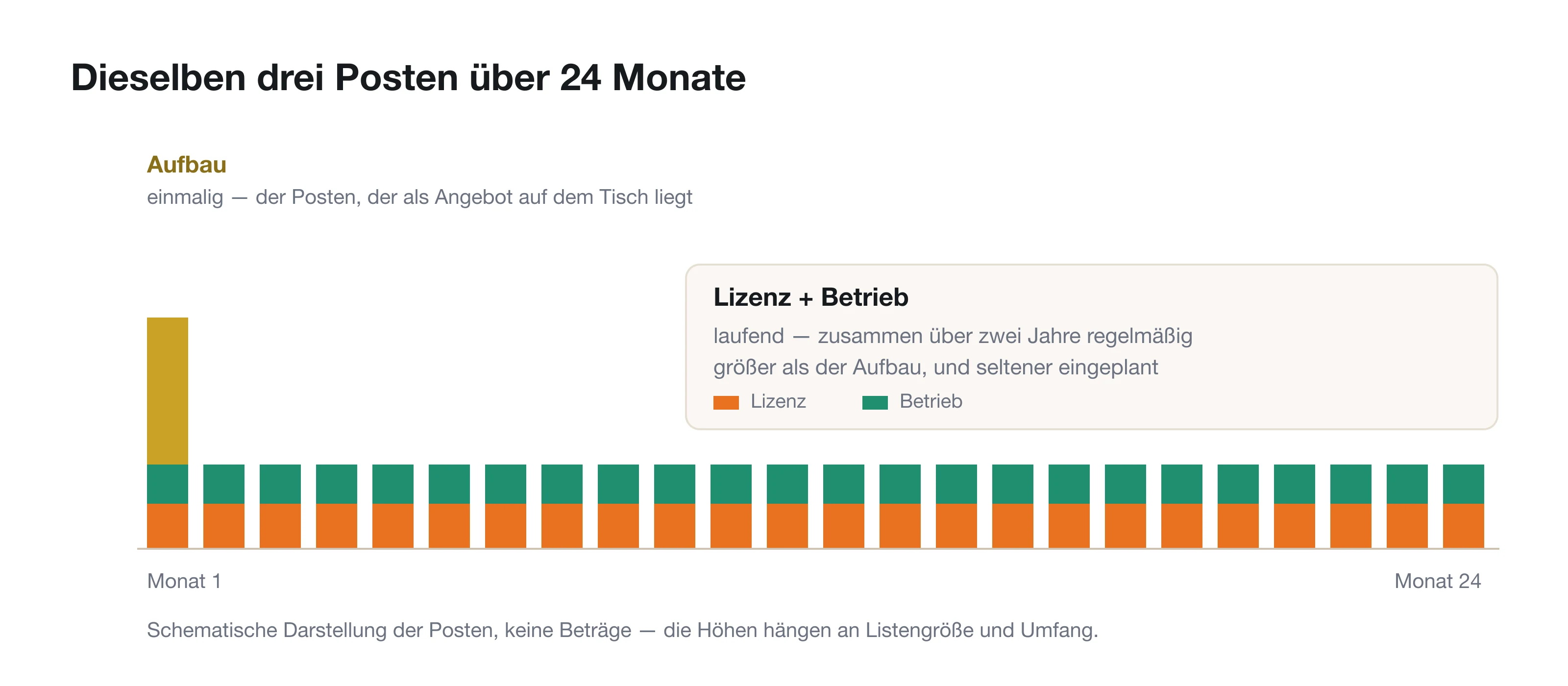 Zeitverlauf: Aufbau einmalig, Lizenz und Betrieb dauerhaft — mit dem Punkt, ab dem der Betrieb den Aufbau überholt.