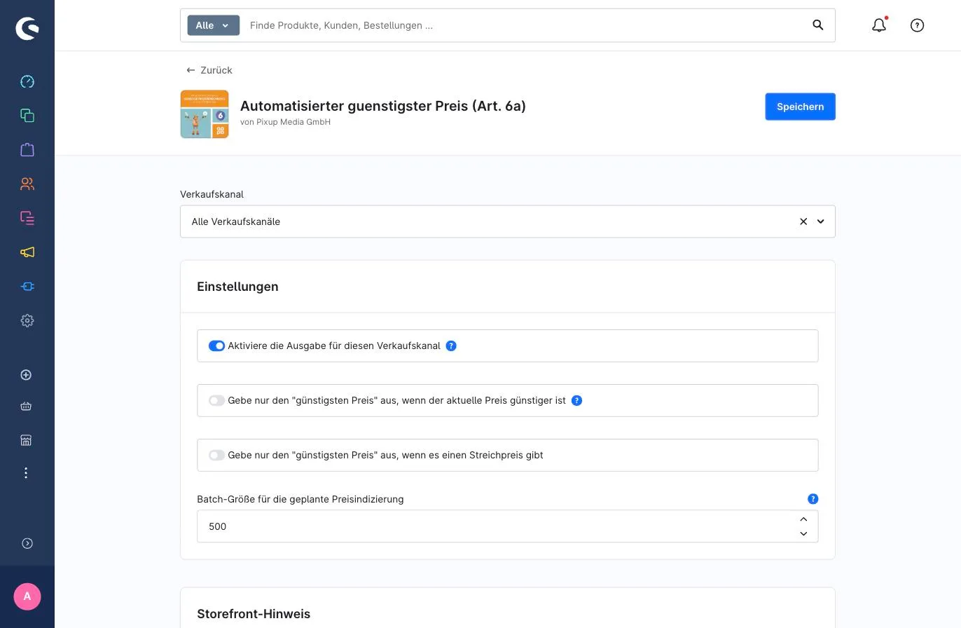 Grundeinstellungen in der Shopware-Administration: Ausgabe je Verkaufskanal aktivieren, Ausgabe nur bei günstigerem Preis oder nur bei Streichpreis, Stapelgröße für die geplante Preisindizierung.