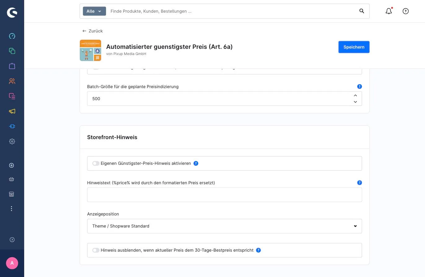 Abschnitt „Storefront-Hinweis“ der Plugin-Konfiguration: eigener Hinweistext mit Platzhalter, Anzeigeposition und die Option, den Hinweis auszublenden, wenn der aktuelle Preis dem 30-Tage-Bestpreis entspricht.