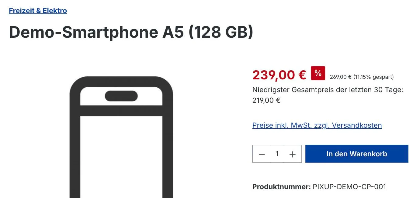 Produktseite eines Shopware-6.7-Shops: Aktionspreis 239,00 Euro, durchgestrichener Preis 269,00 Euro und darunter der vom Plugin ausgegebene Hinweis auf den niedrigsten Gesamtpreis der letzten 30 Tage von 219,00 Euro.