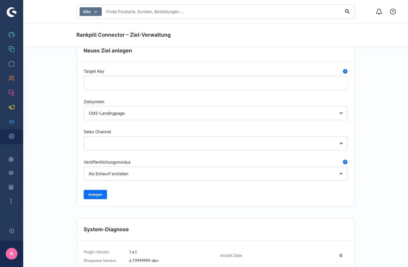 Formular „Neues Ziel anlegen“ mit Target Key, Zielsystem CMS-Landingpage, Verkaufskanal und Veröffentlichungsmodus.
