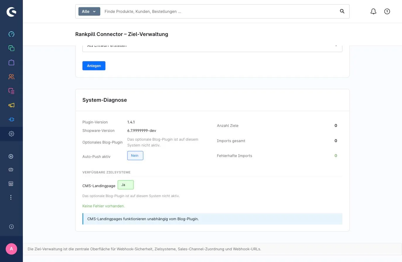 System-Diagnose mit Plugin- und Shopware-Version, verfügbaren Zielsystemen, Anzahl Ziele und Importe sowie der Fehlerzahl.