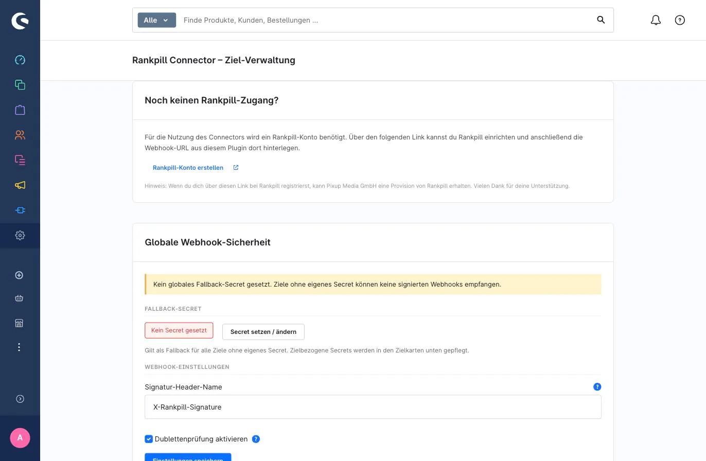 Ziel-Verwaltung des RankPill Connectors in der Shopware-Administration mit globaler Webhook-Sicherheit, Signatur-Header und Duplikatsprüfung.