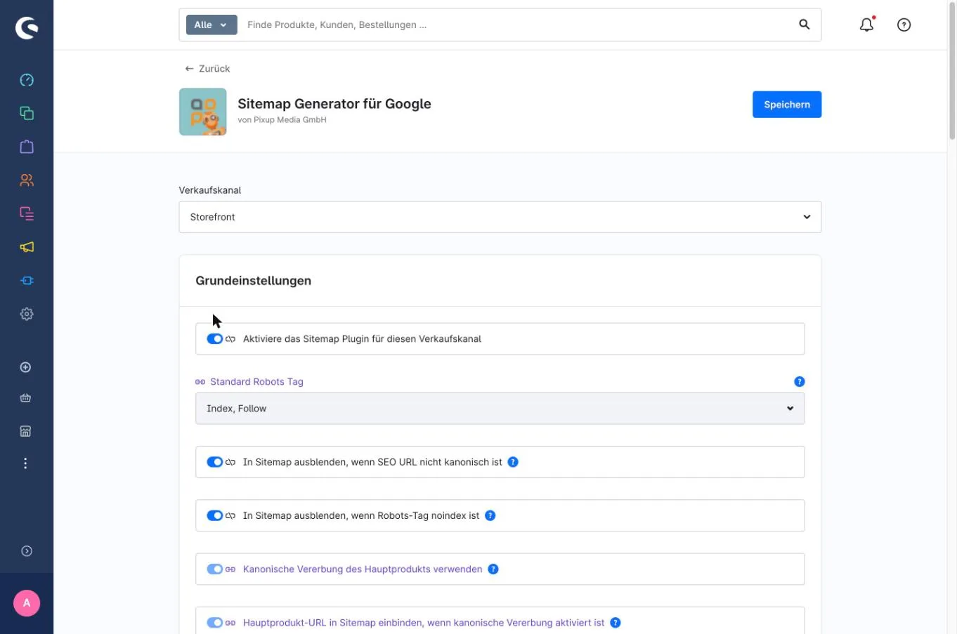Grundeinstellungen des Sitemap Generators in der Shopware-Administration: Verkaufskanal-Auswahl, Standard-Robots-Tag und Regeln zum Ausblenden nicht-kanonischer URLs.
