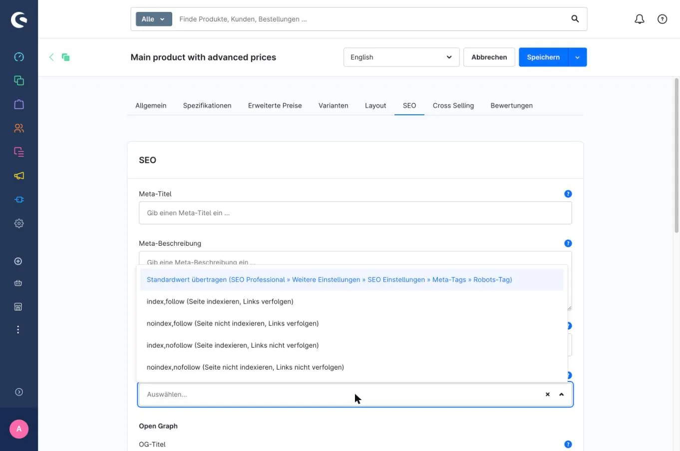 Der vom Plugin ergänzte Robots-Tag im SEO-Reiter eines Produkts, mit den vier Index-/Follow-Kombinationen und der Option, den Standardwert der Verkaufskanal-Konfiguration zu übernehmen.