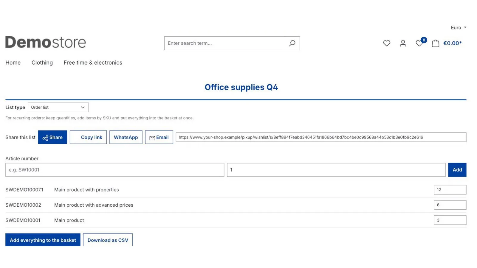 Bestellliste mit gepflegten Mengen sowie den Schaltflächen für CSV-Import und -Export.