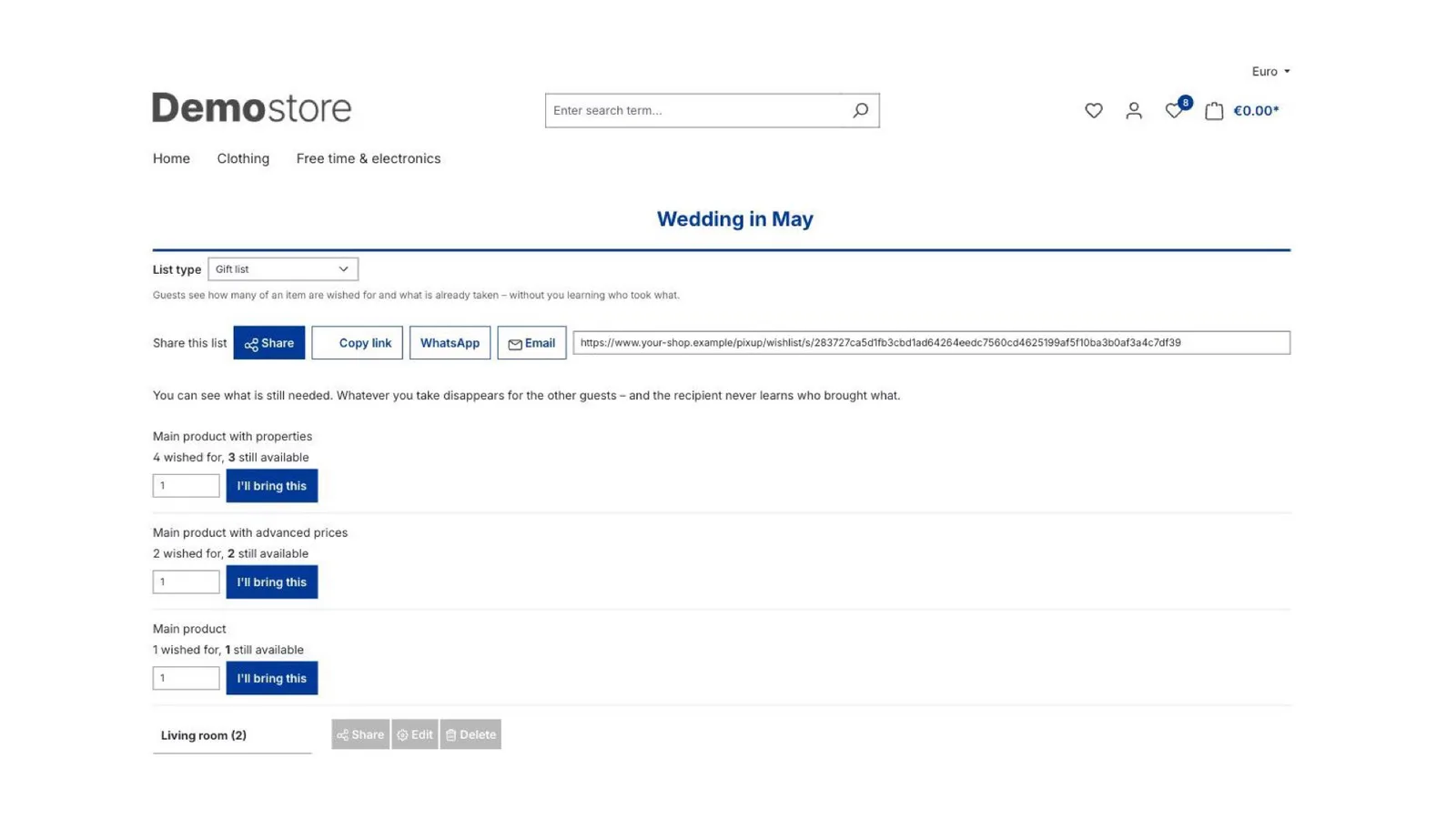 Geschenkliste in der Storefront: je Artikel ist zu sehen, wie oft er gewünscht ist und wie viele Exemplare noch frei sind.