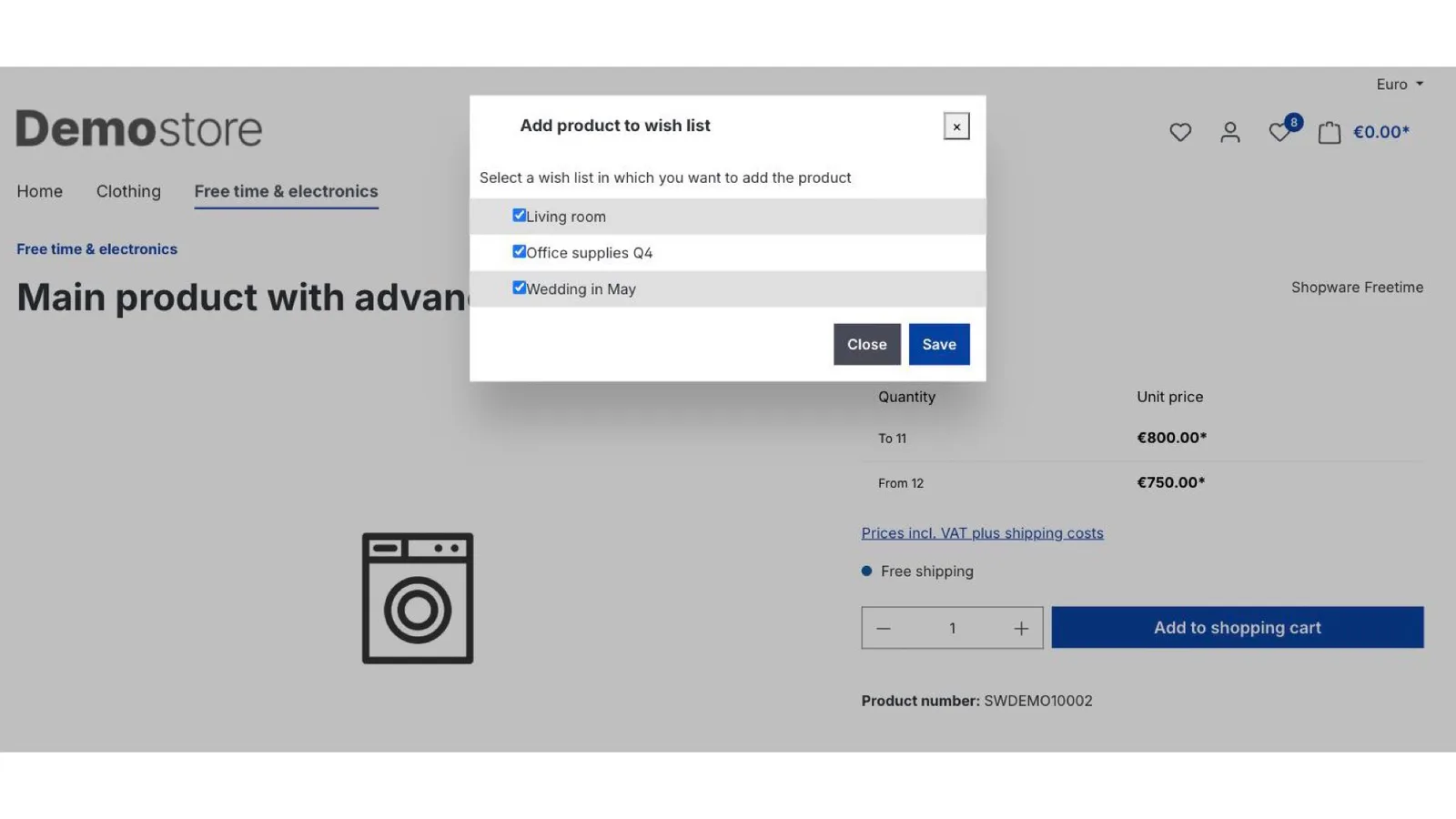 Auswahldialog auf der Produktseite: In welche Liste soll der Artikel?